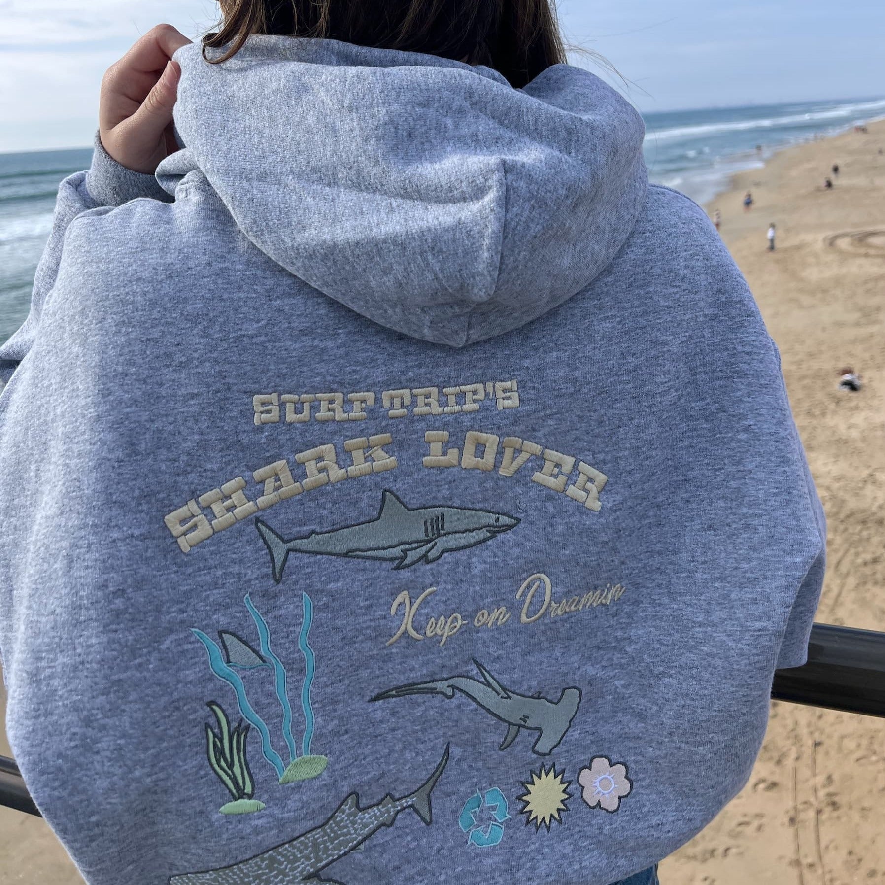 Shark Embroidered Hoodie Grey - Surf Trip Supply