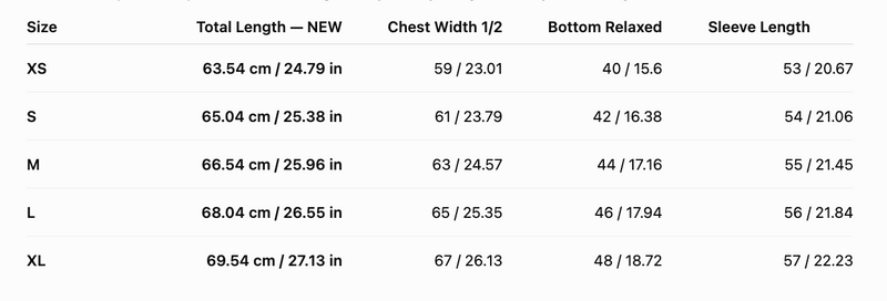 SIZE CHART