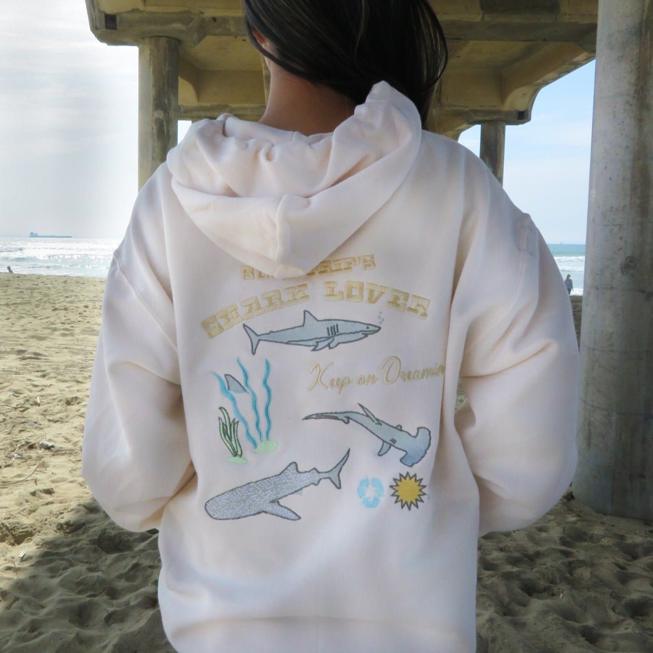 Shark Embroidered Hoodie Cream - Surf Trip Supply