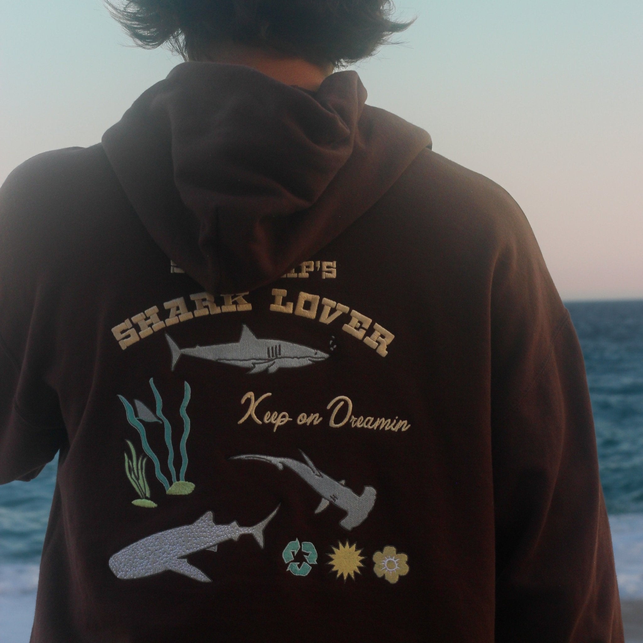 Shark hibiscus embroidered mens hot sale hoodie