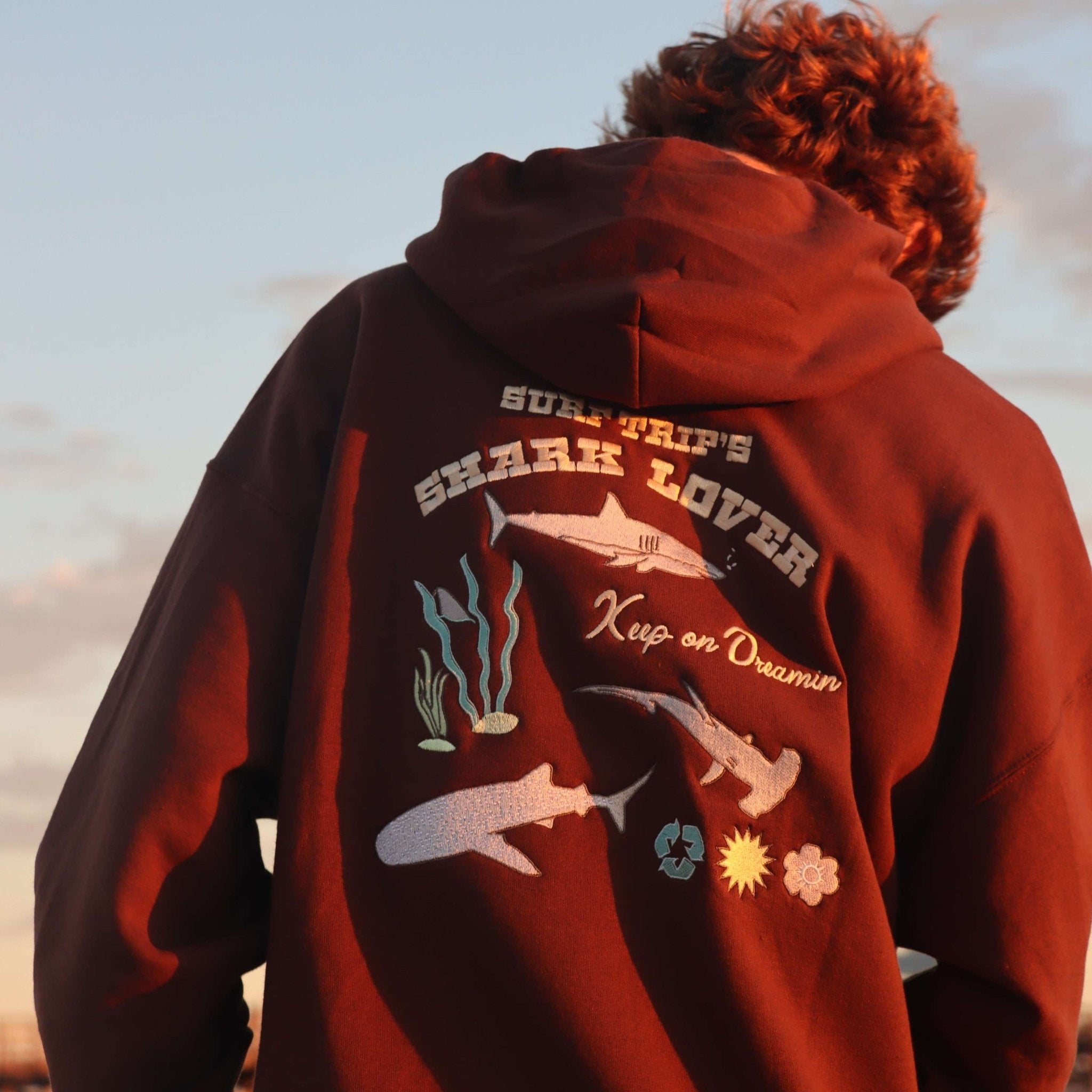 Shark Embroidered Hoodie Brown Surf Trip Supply